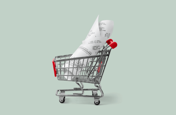 Computer generated image of a shopping cart with a rolled-up receipt in it against a green-grey background