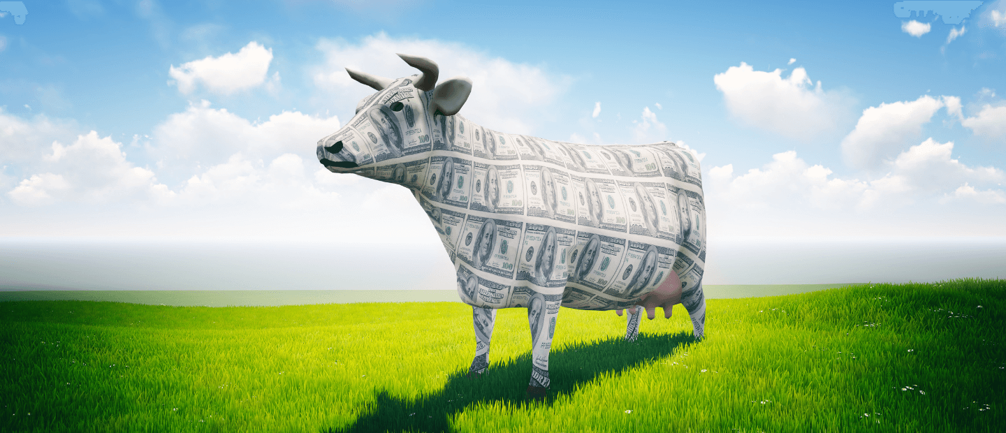 Digital rendering of a cow made of dollar bills