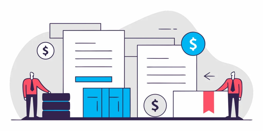 Flat fee invoice financing illustration showing a B2B business receiving immediate payment on an invoice with a simple flat fee structure