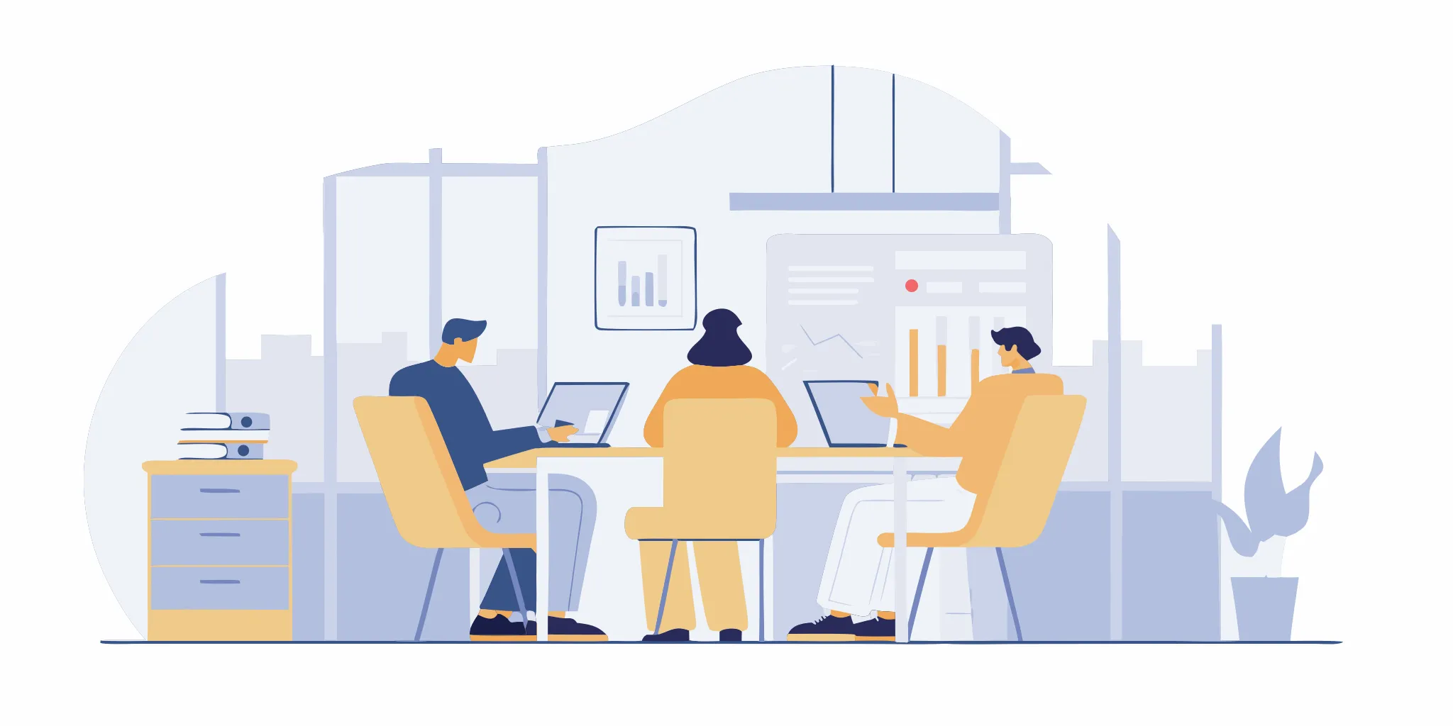 Business consulting team reviewing client invoices and cash flow dashboard in a modern office