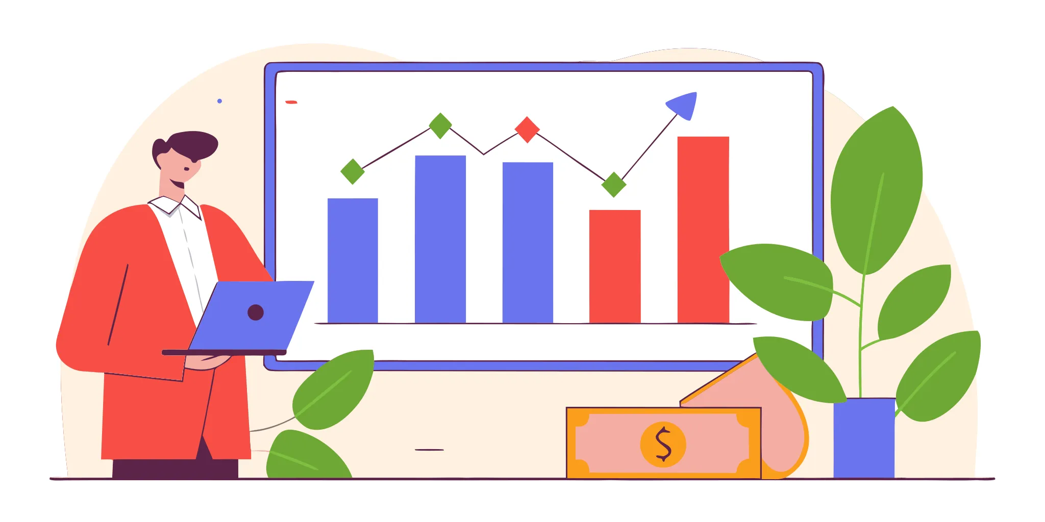 Business professional reviewing financial growth charts in a modern office