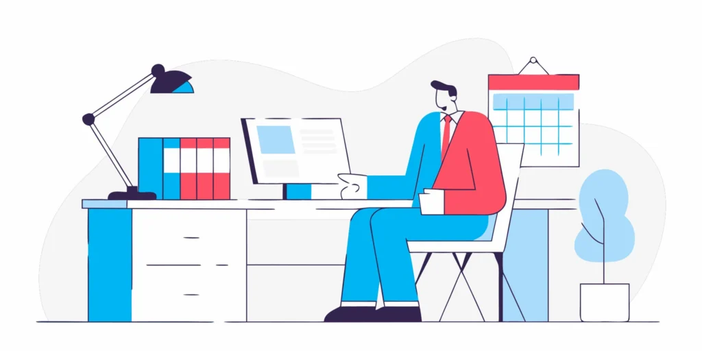 Business professional reviewing invoice documents at a modern desk, flat vector illustration