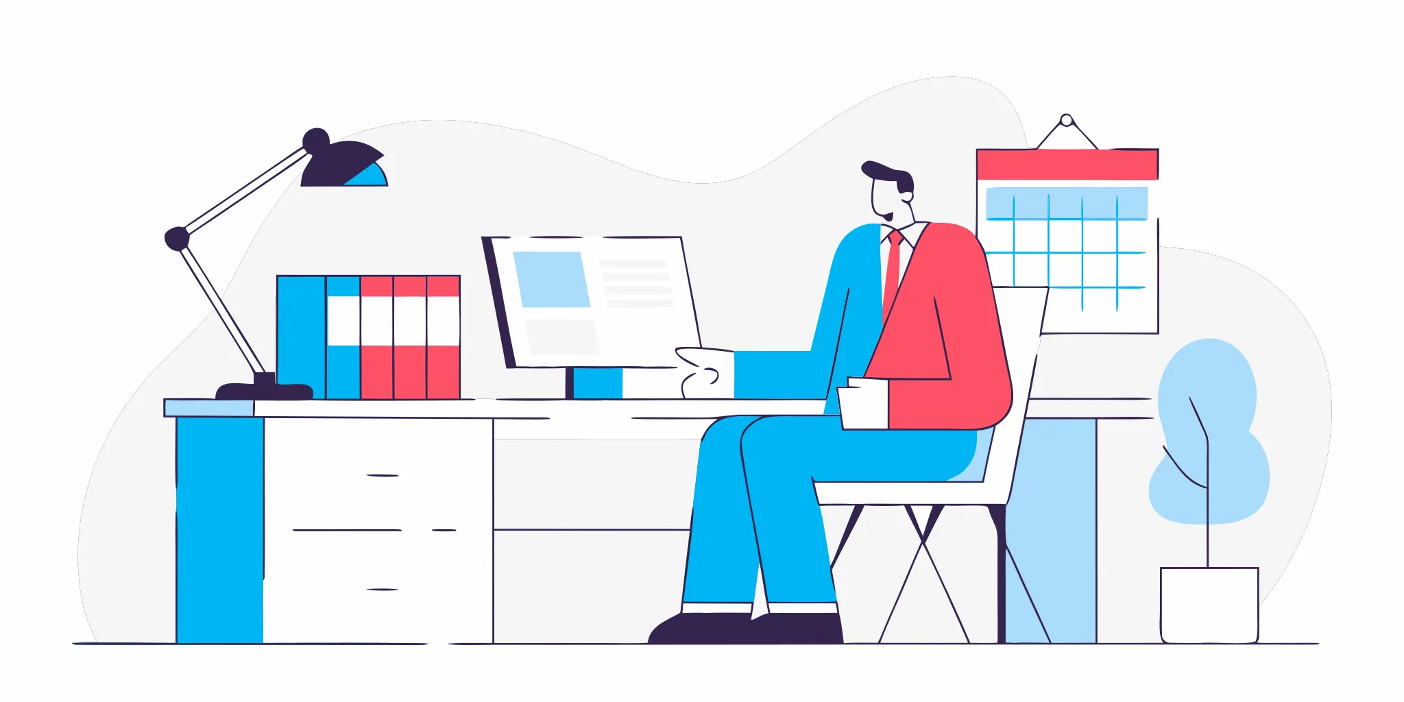 Business professional reviewing invoice documents at a modern desk, flat vector illustration