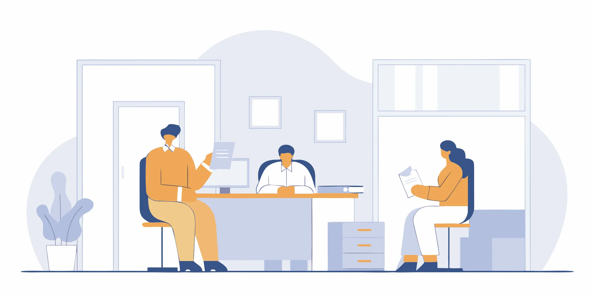 A vector illustration of a staffing agency office with managers reviewing invoices and a team working at desks