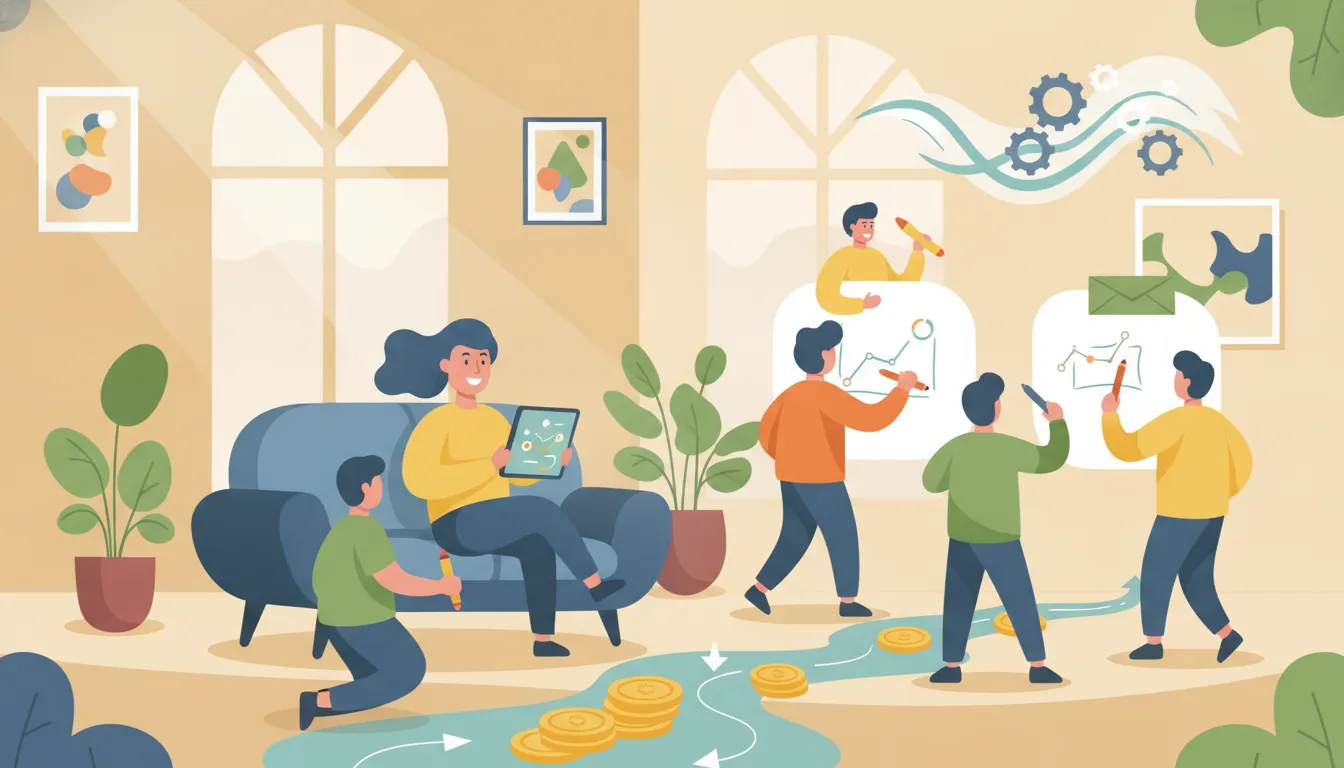 Flat vector illustration of a creative agency owner reviewing project invoices with a design team in a bright studio